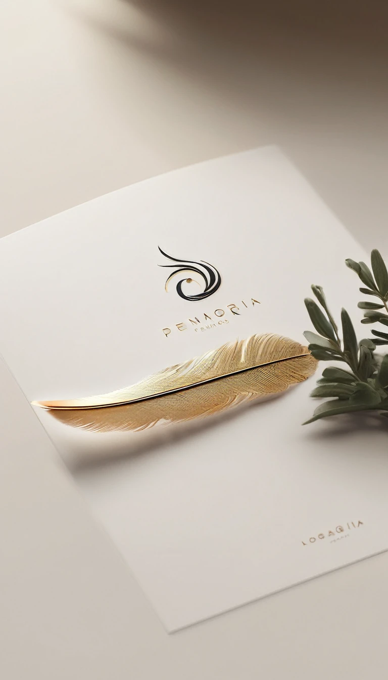 A minimal, modern, simple, cinematic logotype for the brand “Penamemoria". The logotype must be a simple, magical feather. The logo must convey a sense of music, stories and dreams. Logo design impressed on a book cover. Minimalistic logo