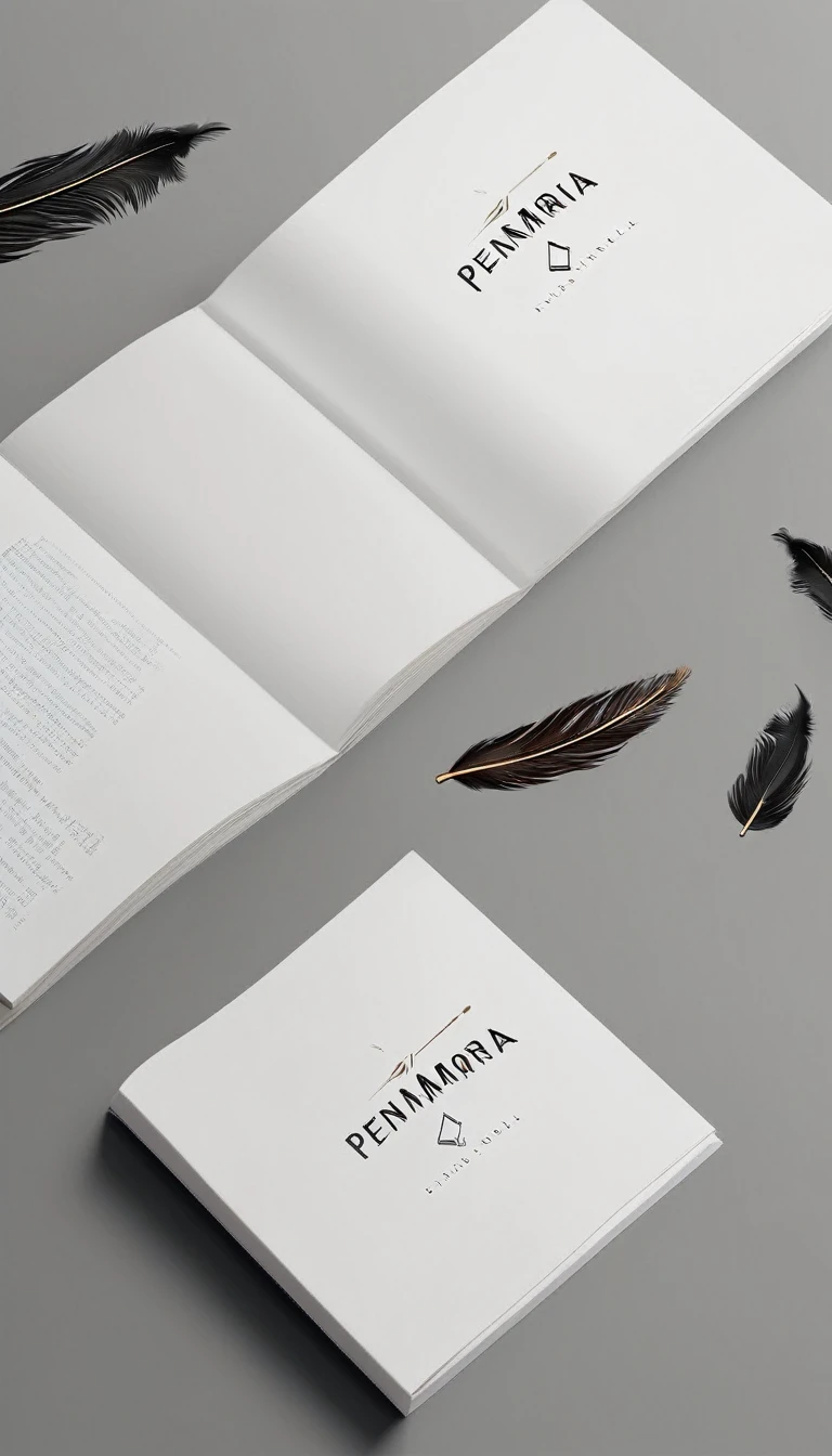 A minimal, modern, simple, cinematic logotype for the brand “Penamemoria". The logotype must be a simple, magical feather. The logo must convey a sense of music, stories and dreams. Logo design impressed on a book cover. Minimalistic logo