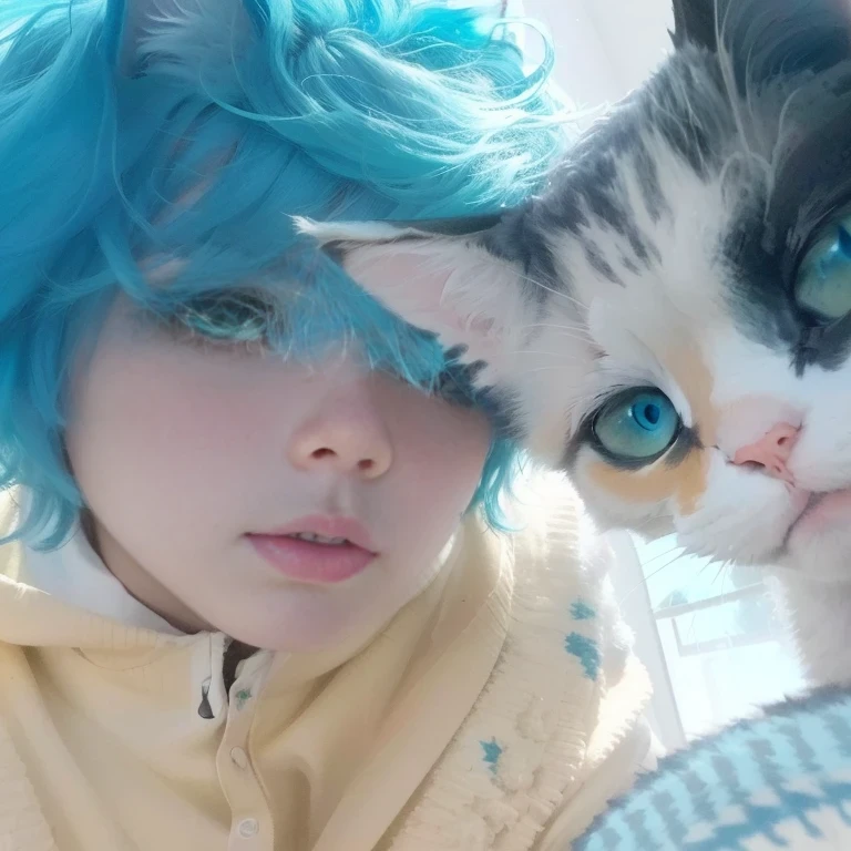 chico with blue hair and a cat looking at it, with blue hair, emo niño con orejas y cola de cat, niño con orejas y cola de cat, with long turquoise fur, messy blue hair, chica emo y su cat, in teal clothes, cat animado, blue hairs, turquoise fur, with blue skin, cat calico travieso, cat mirando a la camara, cat de ojos verdes, cat y chico viendo a una cámara, cat, furry, cat naranja, calico
