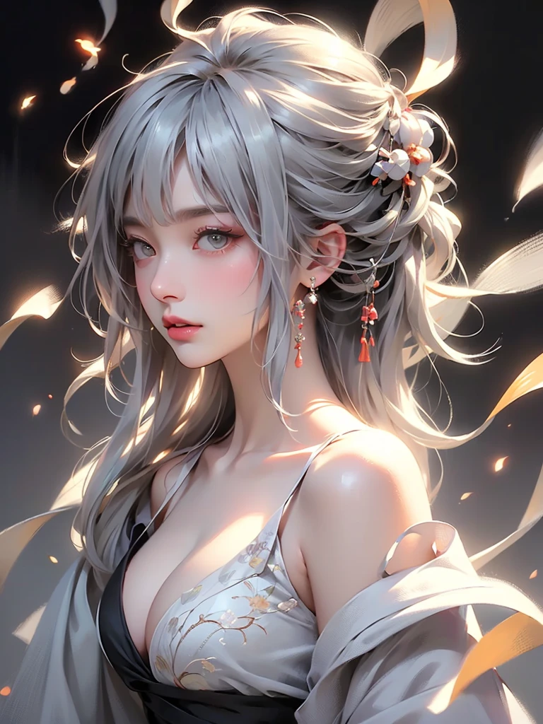 super high quality, masterpiece, Perfect illustration, Very detailed (Exquisite light and shadow, Very dramatic photo,Backlight) , ((Gray Hair:1.5))1 Girl,(( alone:1.6)), (Wearing Japanese clothes, Black and white kimono,Monotony,Long sleeve、Gorgeous costumes、A highly decorated kimono) Flower Field, Flowers, (White smoke:1.3) (Realistic:1.4), Zen Intertwining, Tangled, Official Art, unity 8k wallpaper, Very detailed, Beautiful and beautiful, masterpiece, Highest quality, (Dynamic Angle: 1.4), Glowing Skin, (Floating colorful flashes: 1) The most beautiful chaotic shapes, elegant, Brutalist Design, Bright colors, Romantic Depth of Field Exotic_dance, half_naked、Expose your shoulders、Ample breasts、Great cleavage、(from side)、Dynamic pose、Backlight