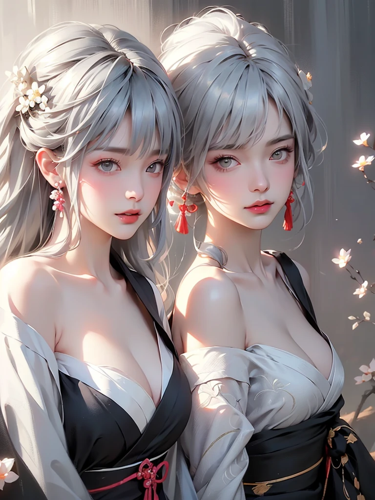 super high quality, masterpiece, Perfect illustration, Very detailed (Exquisite light and shadow, Very dramatic photo,Backlight) , ((Gray Hair:1.5))1 Girl,(( alone:1.6)), (Wearing Japanese clothes, Black and white kimono,Monotony,Long sleeve、Gorgeous costumes、A highly decorated kimono) Flower Field, Flowers, (White smoke:1.3) (Realistic:1.4), Zen Intertwining, Tangled, Official Art, unity 8k wallpaper, Very detailed, Beautiful and beautiful, masterpiece, Highest quality, (Dynamic Angle: 1.4), Glowing Skin, (Floating colorful flashes: 1) The most beautiful chaotic shapes, elegant, Brutalist Design, Bright colors, Romantic Depth of Field Exotic_dance, half_naked、Expose your shoulders、Ample breasts、Great cleavage、(from side)、Dynamic pose、Backlight