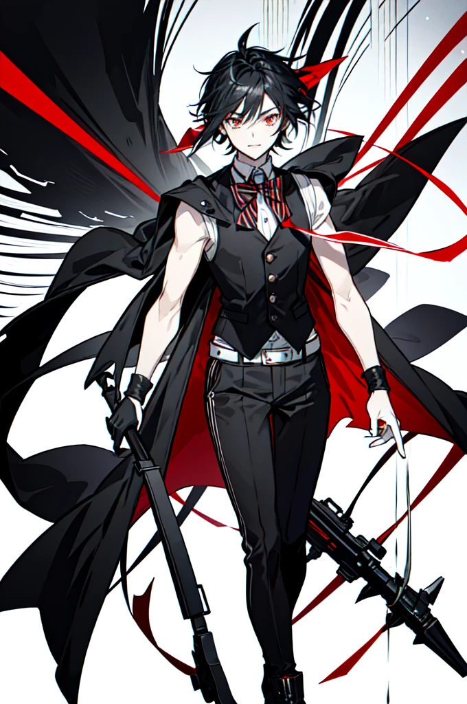 and a 25 year old looking man has long dark black hair, shark-like teeth. His typical attire consists of a black vest, white and red striped bow, black gloves and red ankle-length high-heeled boots. Furthermore, wears a black coat, which you wear without covering your shoulders, hanging on the elbows. 