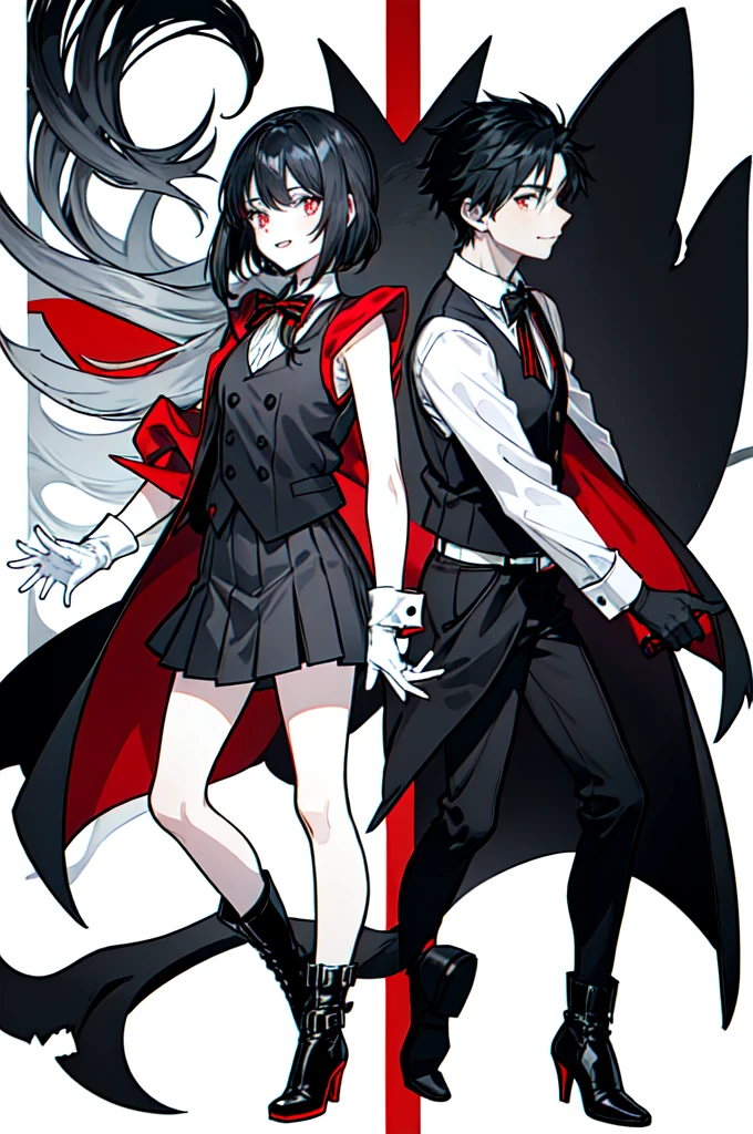 and a 25 year old looking man has long dark black hair, shark-like teeth. His typical attire consists of a black vest, white and red striped bow, black gloves and red ankle-length high-heeled boots. Furthermore, wears a black coat, which you wear without covering your shoulders, hanging on the elbows. 