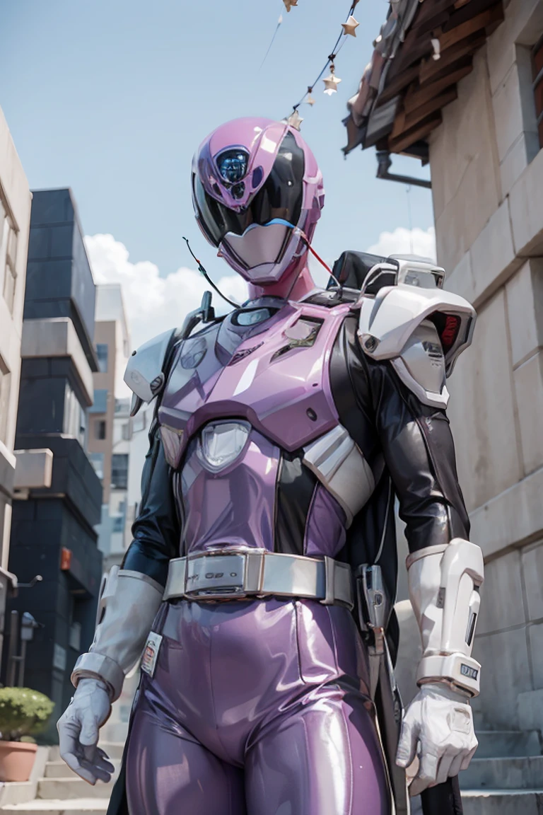 starry sky with the constellations of the zodiac, shades of purple as if they were nebulae, vast space, cyberpunk city at the bottom,   , power suit, powerranger, suit, spd, (Power ranger suit), gold detail, masked,
