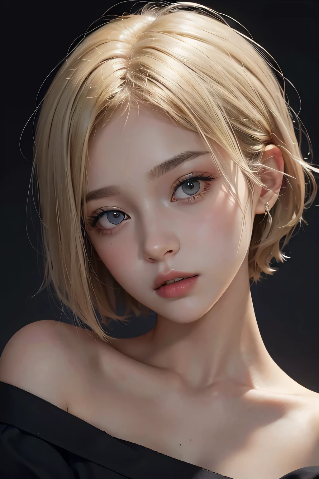a 20 yo woman, (eyes on view), (half body), (full face), blonde, (messy short hair), head tilt right, dark theme, soothing tones, muted colors, high contrast, (detail hair), (natural skin texture, hyperrealism, sharp)