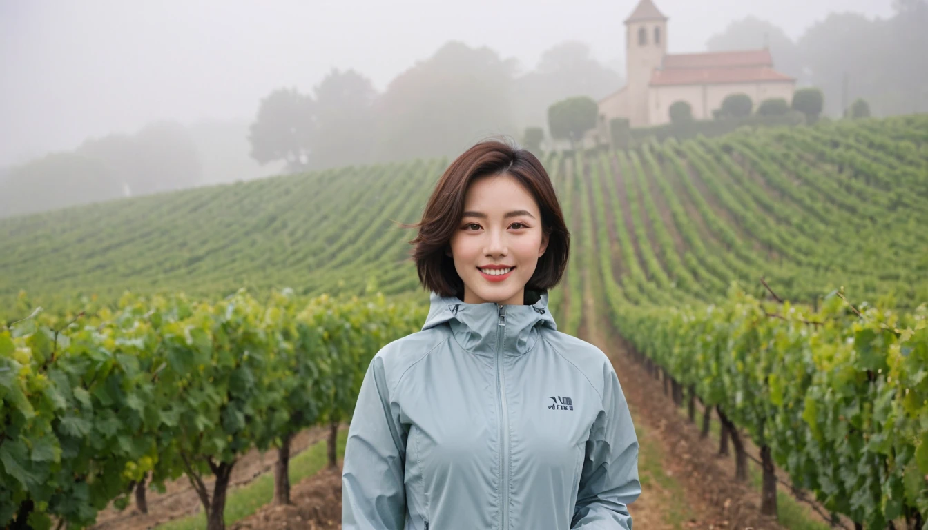 high quality, 1 woman, ((36-year-old healthy Korean woman)), ((36 years old)), 1 woman, eyes are big and beautiful. ((slim)), ((short medium hair)), Smile. pose: standing, Luxury brand windbreaker jacket, background: 1 woman, Vineyards in Piedmont, Italy, The cathedral can be seen in the distance through the early morning fog.. Full body shot with 16-34 wide angle lens, The cathedral can be seen through the foggy vineyards., looking up the side