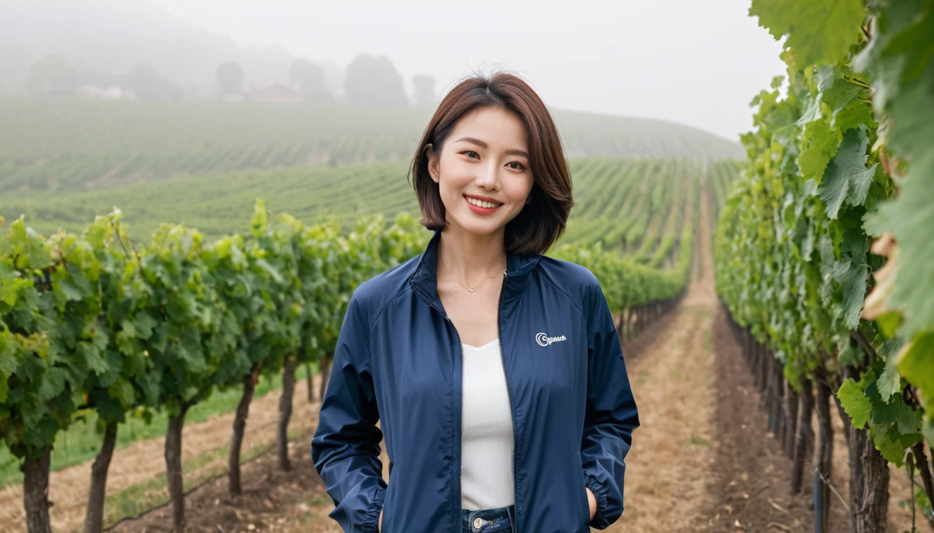 high quality, 1 woman, ((36-year-old healthy Korean woman)), ((36 years old)), 1 woman, eyes are big and beautiful. ((slim)), ((short medium hair)), Smile. pose: standing, Luxury brand windbreaker jacket, background: 1 woman, Vineyards in Piedmont, Italy, The cathedral can be seen in the distance through the early morning fog.. Full body shot with 16-34 wide angle lens, The cathedral can be seen through the foggy vineyards., looking up the side