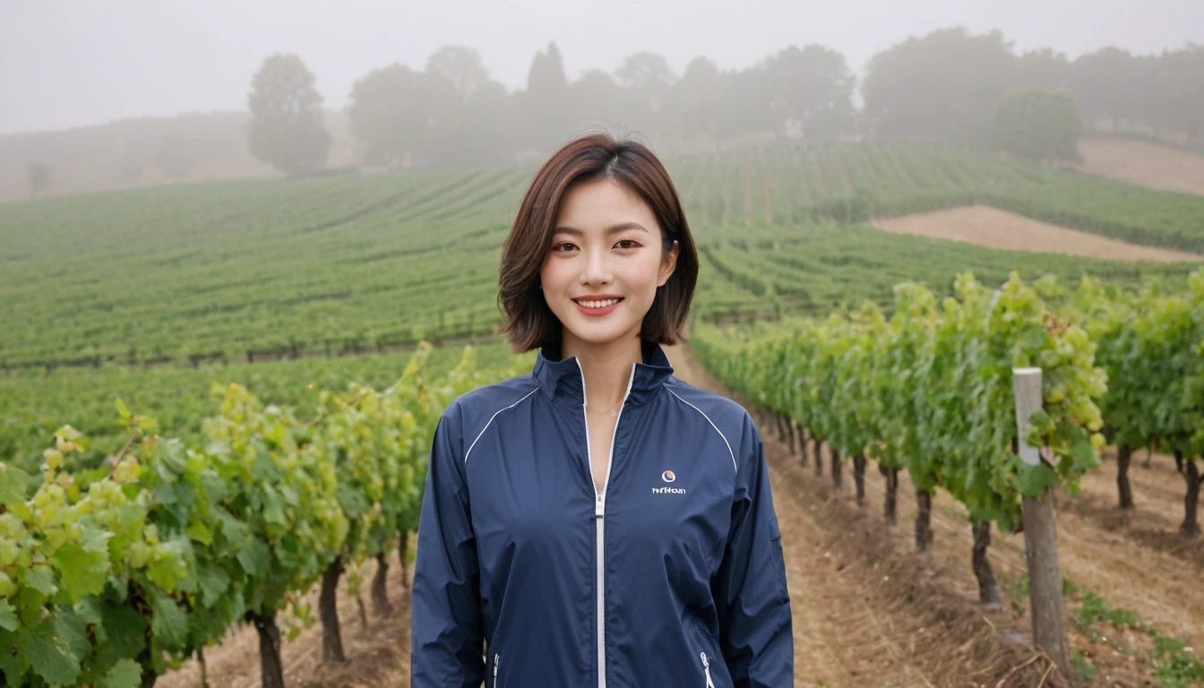 high quality, 1 woman, ((36-year-old healthy Korean woman)), ((36 years old)), 1 woman, eyes are big and beautiful. ((slim)), ((short medium hair)), Smile. pose: standing, Luxury brand windbreaker jacket, background: 1 woman, Vineyards in Piedmont, Italy, The cathedral can be seen in the distance through the early morning fog.. Full body shot with 16-34 wide angle lens, The cathedral can be seen through the foggy vineyards., looking up the side