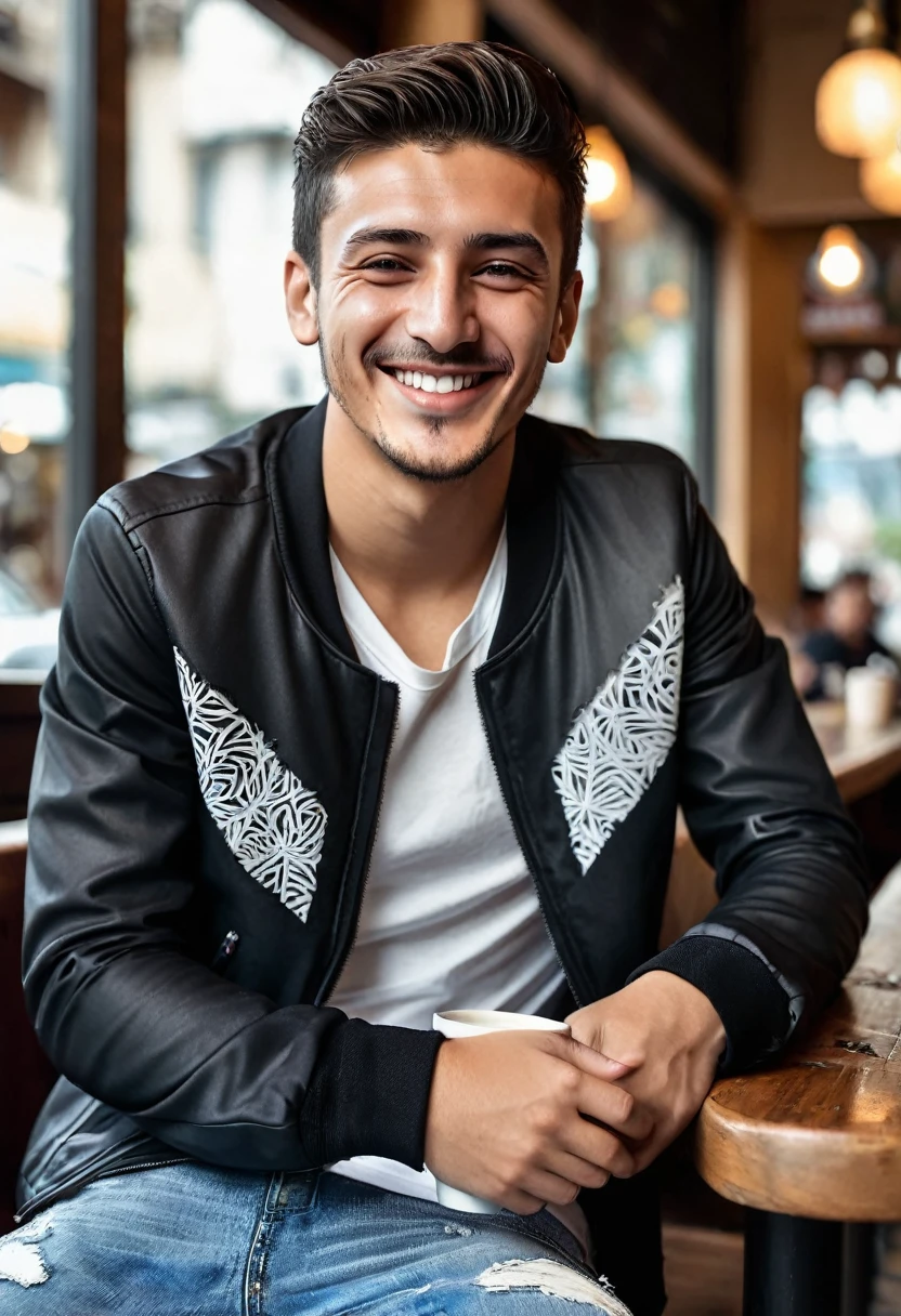 A turkish boy handsome,,ultra high resolution,perfect skin,ultra delicate photo,wearing a ((black jacket)) and white t-shirt, Blue jeans which is torn on his knee,I want black Nike shoes withwhite patterns , he is sitting at a bar enjoying a cup of coffee, his smiling face is turned towards the camera, the picture is taken from a side angle, half smile,front view,In the background you can see happy lighting,