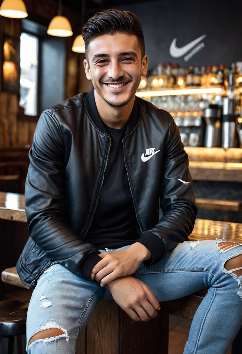 A turkish boy handsome,,ultra high resolution,perfect skin,ultra delicate photo,wearing a ((black jacket)) and white t-shirt, Blue jeans which is torn on his knee,I want black Nike shoes withwhite patterns , he is sitting at a bar enjoying a cup of coffee, his smiling face is turned towards the camera, the picture is taken from a side angle, half smile,front view,In the background you can see happy lighting,