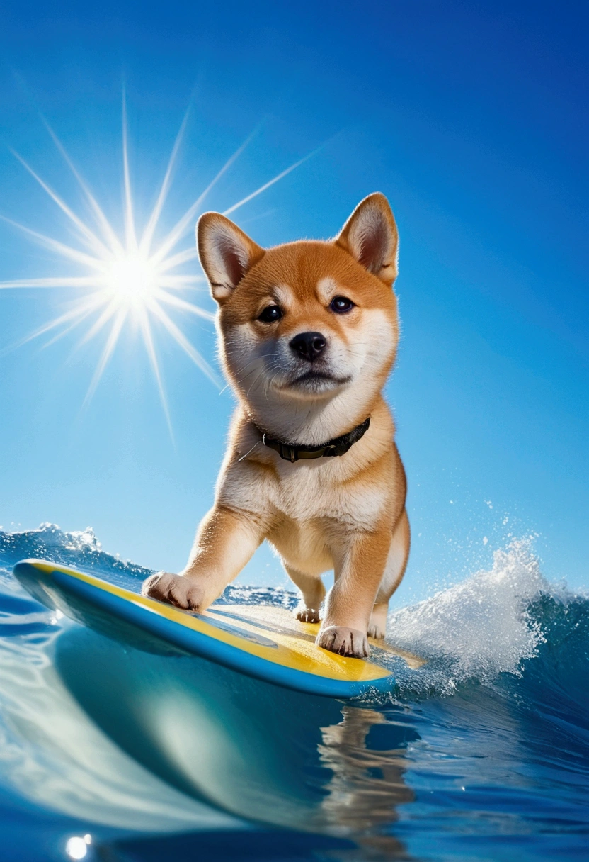 Shinkai Chengwei, Beautiful blue sky, Shining Sun,Shiba Inu puppy surfing, Water Drop,Healing scenes,Wide-angle、