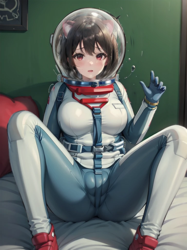 (spacesuit:1.15), white cargo pants, astronaut)bubble helmet, space helmet masturbation, fingering, female_masturbation, grabbing_own_tits, mature_woman, lushing, , looking at the audience, lying , indoors, in bed, bed, masterpiece, best quality, 1girl, solo, red eyes, tits, {{{messy hair:1.6}}}, bangs, hair, spread legs, sitting, , short hair,, ,(heart sayings:1.2), CAT EARS