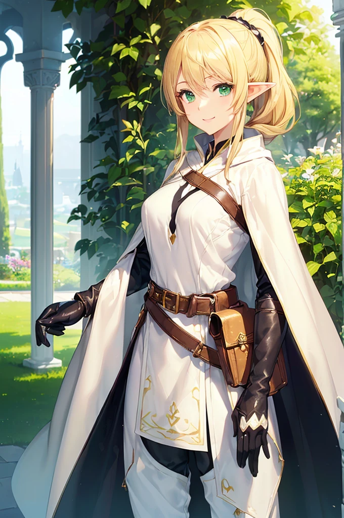 (((masterpiece; best quality: 1.2))), (finely detailed eyes: 1.3), (25 year old elf woman), (solo), (green eyes: 1.4), (body; buxom, fit, femenine: 1.3), (silky blonde hair in low ponytail: 1.3), (beautiful and clear background: 1.2), ((depth of field)), (equipment: adventurer attire + modest + long white tunic-coat + black cape + black pants + gloves + belt + pouches: 1.3), (anime illustration: 1.2), (background composition; royal garden: 1.1), (extremely fine and beautiful: 1.1), (shot composition; standing + centered on torso + close-up: 1.5), (expression; calm, smile: 1.2)