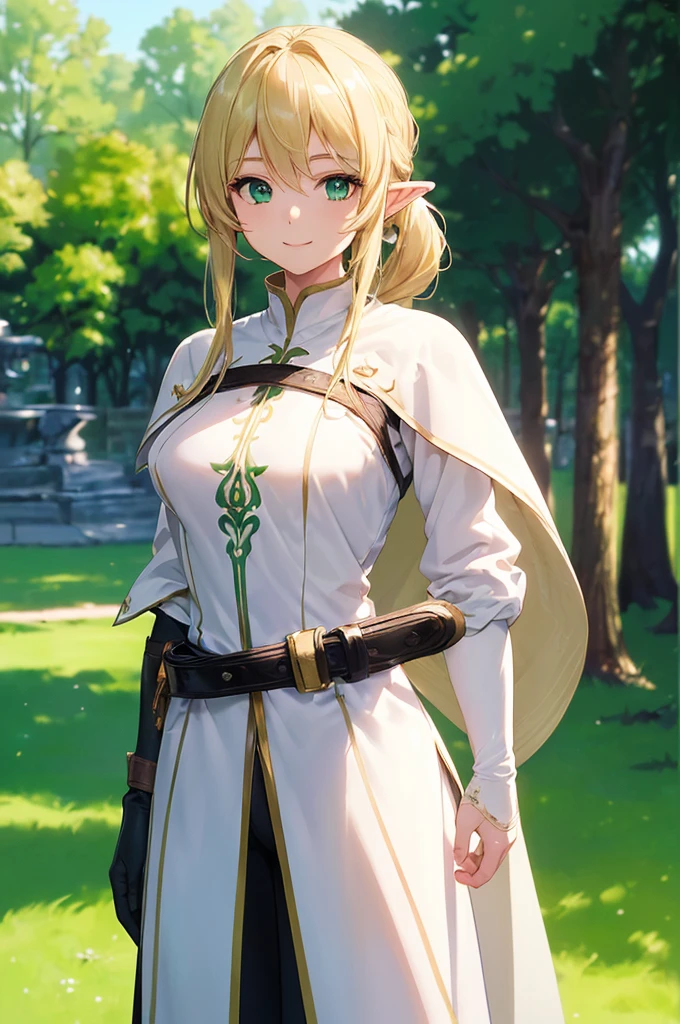 (((masterpiece; best quality: 1.2))), (finely detailed eyes: 1.3), (25 year old elf woman), (solo), (green eyes: 1.4), (body; buxom, fit, femenine: 1.3), (silky blonde hair in low ponytail: 1.3), (beautiful and clear background: 1.2), ((depth of field)), (equipment: adventurer attire + modest + long white tunic-coat + black cape + black pants + gloves + belt + pouches: 1.3), (anime illustration: 1.2), (background composition; royal garden: 1.1), (extremely fine and beautiful: 1.1), (shot composition; standing + centered on torso + close-up: 1.5), (expression; calm, smile: 1.2)