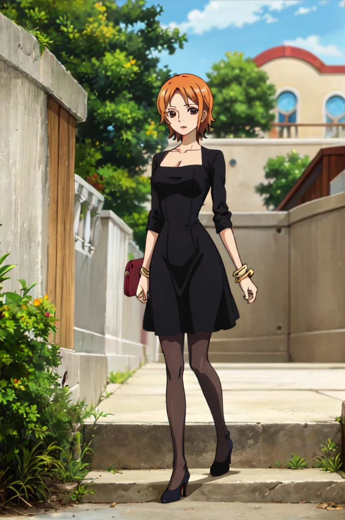 masterpiece, 最high quality, high quality, High resolution, Absurd, Very detailed, Best Anatomy, fine grain, Perfect Eyes, Mature Woman, Nami Black Dress, One Girl, alone, short hair, Cleavage, Brown eyes, Medium Chest, Orange Hair, Boa Feather, Black Dress, bracelet, Bangles, pantyhose, Micro Mini Skirt、High heels、