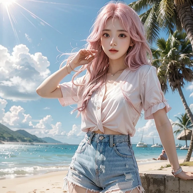 Light pink hair, Pink Eyes, White blouse and shorts, blue sky, Vibrant colors, blouse white、splash, Light Racing, Wavy long hair、splash、Light of the sun、Braiding