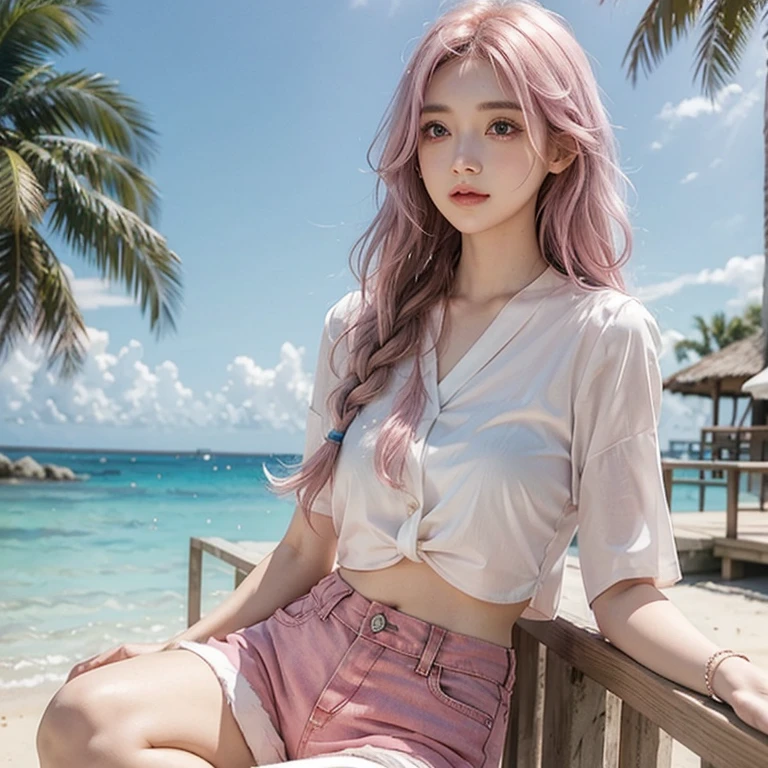 Light pink hair, Pink Eyes, White blouse and shorts, blue sky, Vibrant colors, blouse white、splash, Light Racing, Wavy long hair、splash、Light of the sun、Braiding