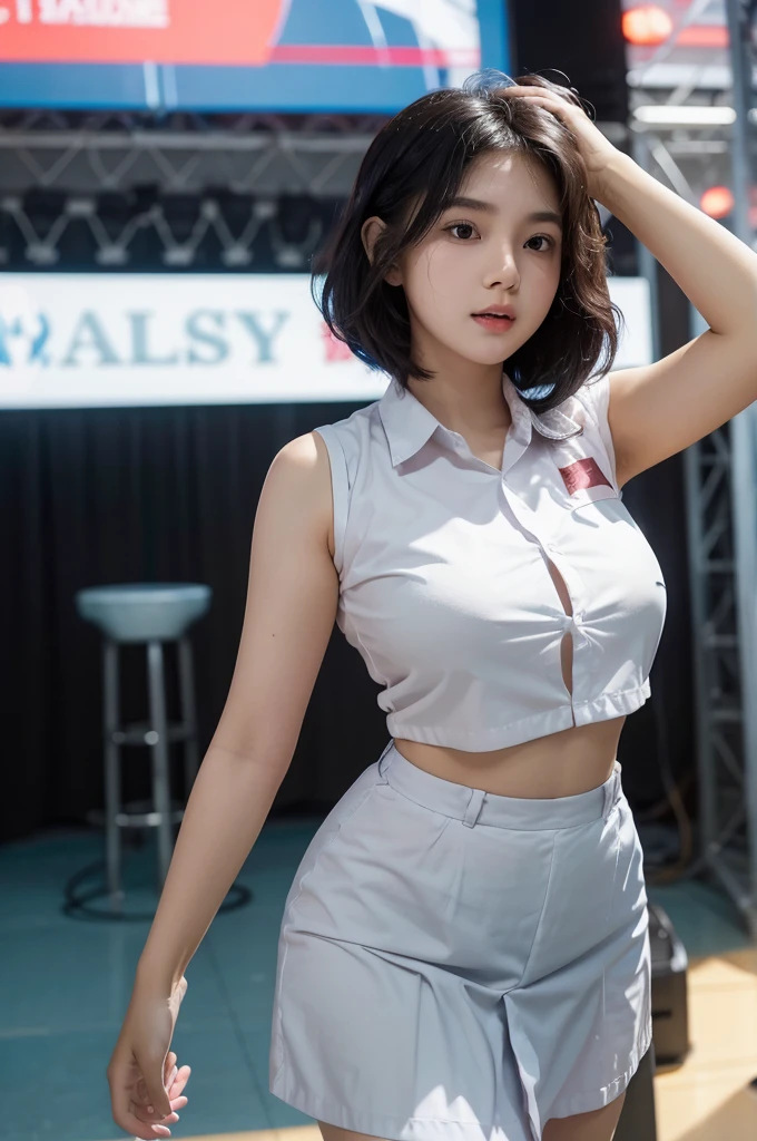(((smile)))、(Open Stance)、 ((A tight-fitting white lace T-shirt)), ((Staring at the audience))、((White shorts))、(Standing with legs open to the sides)、((Sexy young woman's body:1.4)),