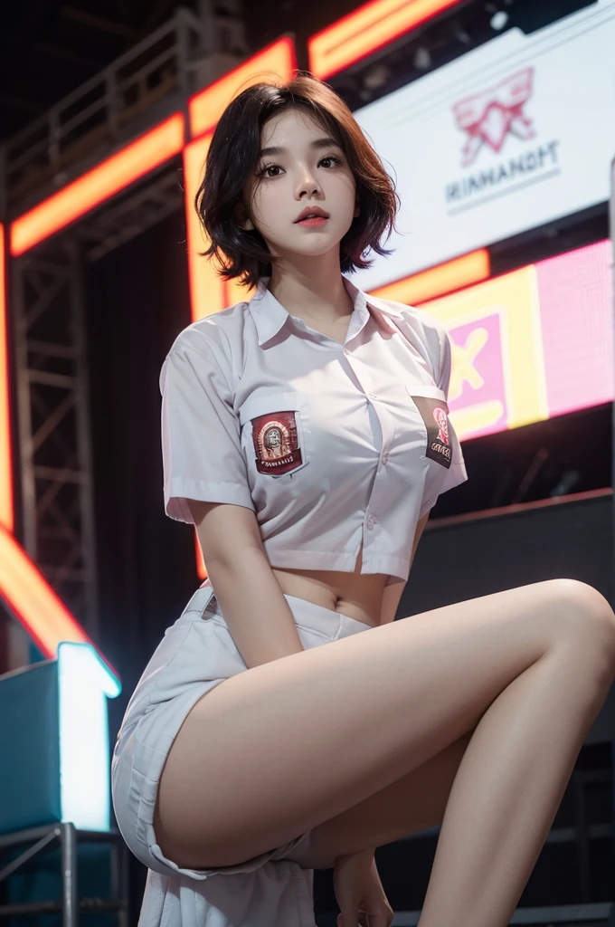 RAW, Best quality, high resolution, masterpiece: 1.3), Beautiful young indonesian girl with short wavy hair, showing one , big, sensual fat body, muscular body, on the stage of a nightspot ((senior high school clothes)), orgasm, highres, 4k, HDR, 1girl, photorealistic, realistic, big breasts, short wavy hair, ((whole body)) turning away facial at viewer, closeup, public clubbing background