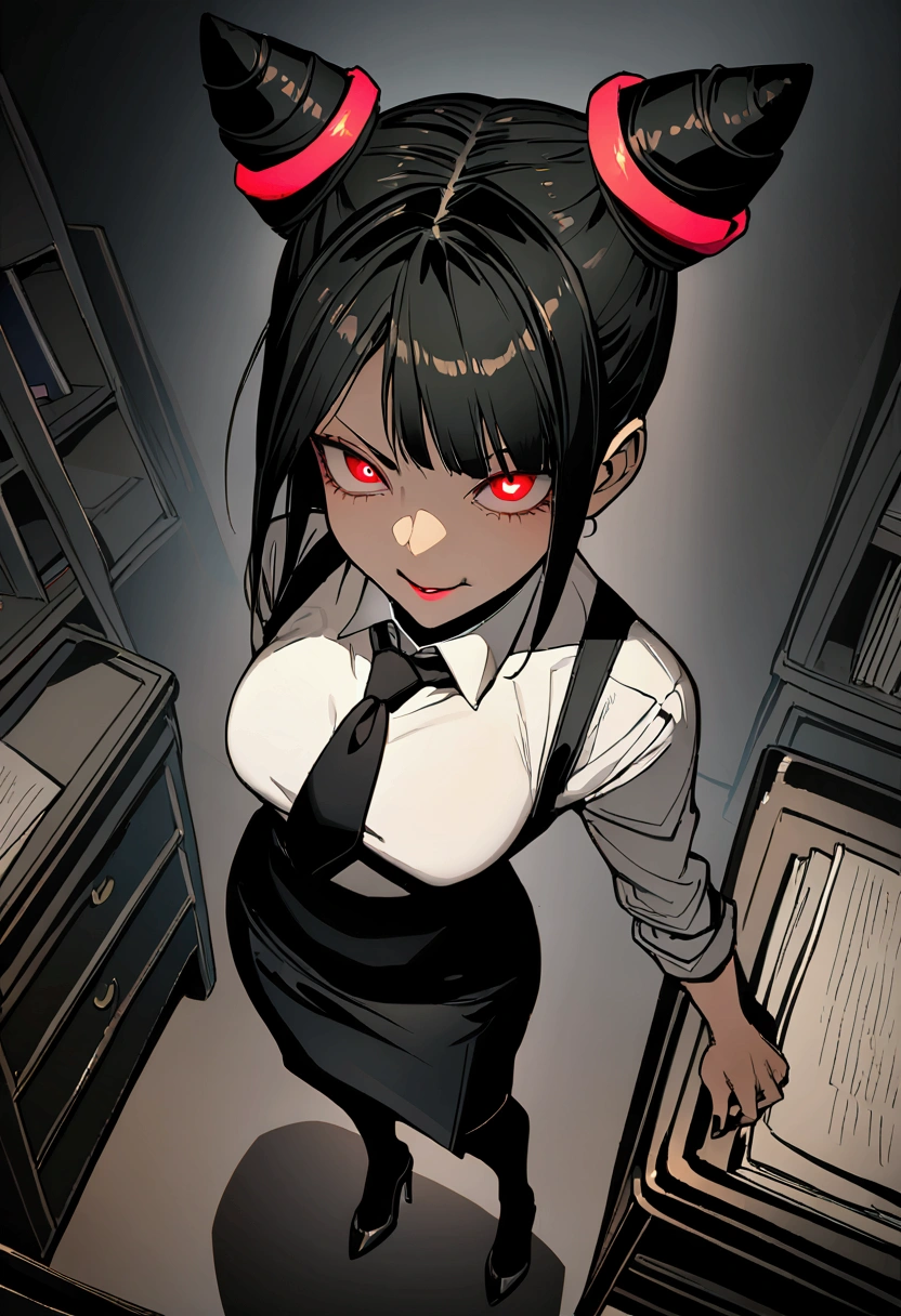 Juri Han, artwork, fitted white secretary shirt with black tie, black high-waist skirt, skirt short,sock, Bblack hair, scary black sun,DESK,bangs on the eyes,lighting,hair horn,from above view,staring overhead,evil smile,black highheels
