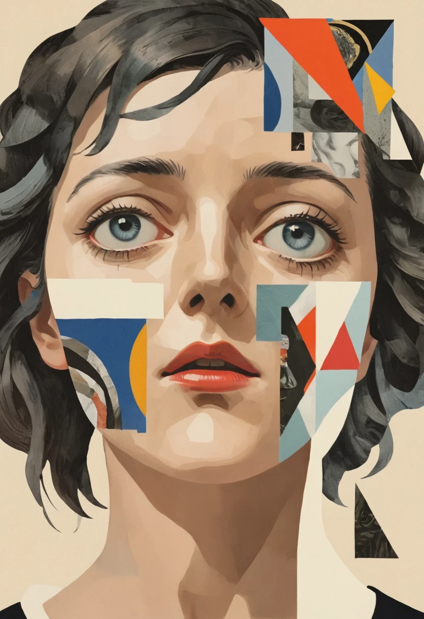 René Magritte,有一张女人脸的Collage画,There are many different things on the face,Geometric Dislocation,Collage,Artistic sense,Painting,paint,Simple,