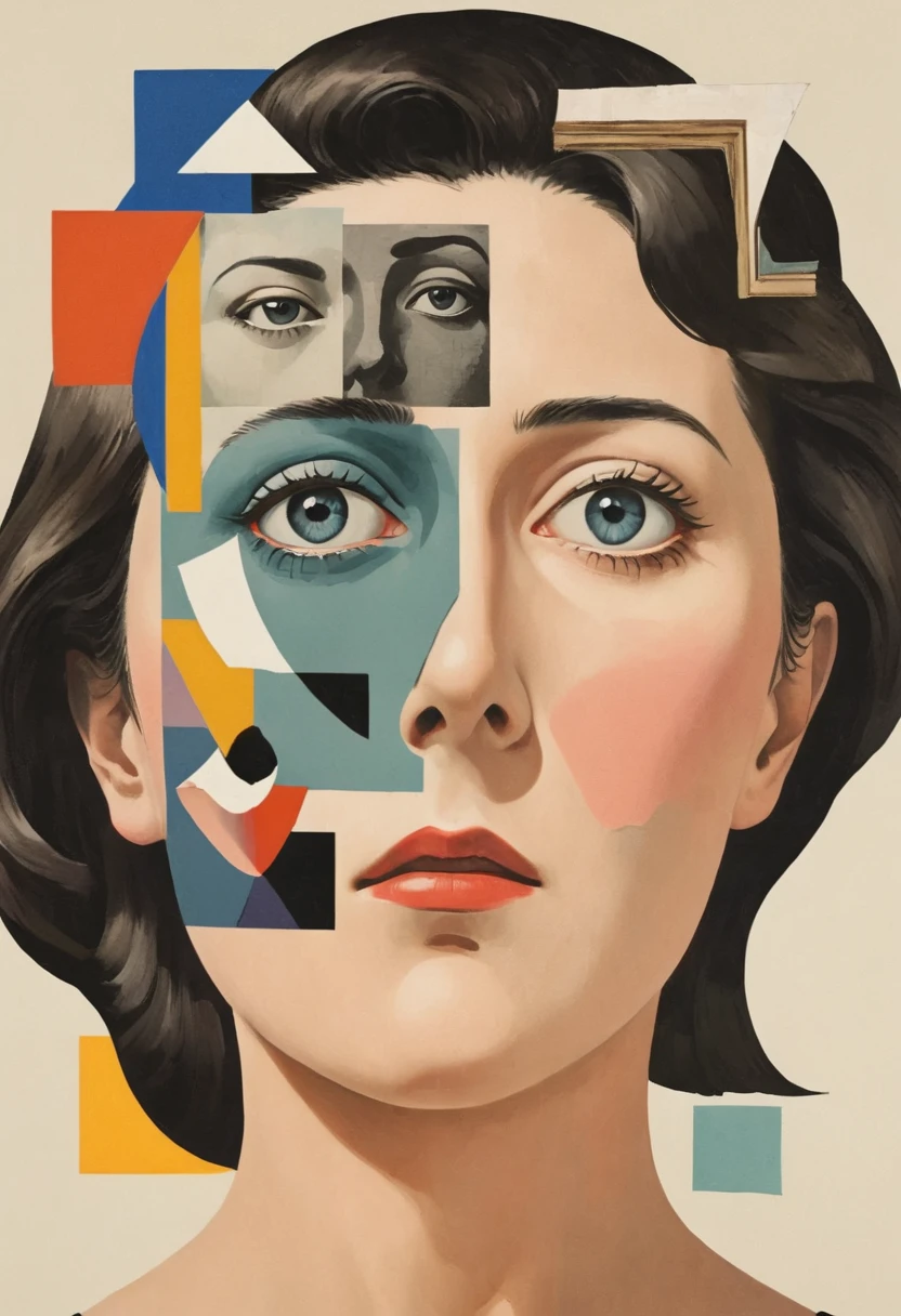 René Magritte,有一张女人脸的Collage画,There are many different things on the face,Geometric Dislocation,Collage,Artistic sense,Painting,paint,Simple,
