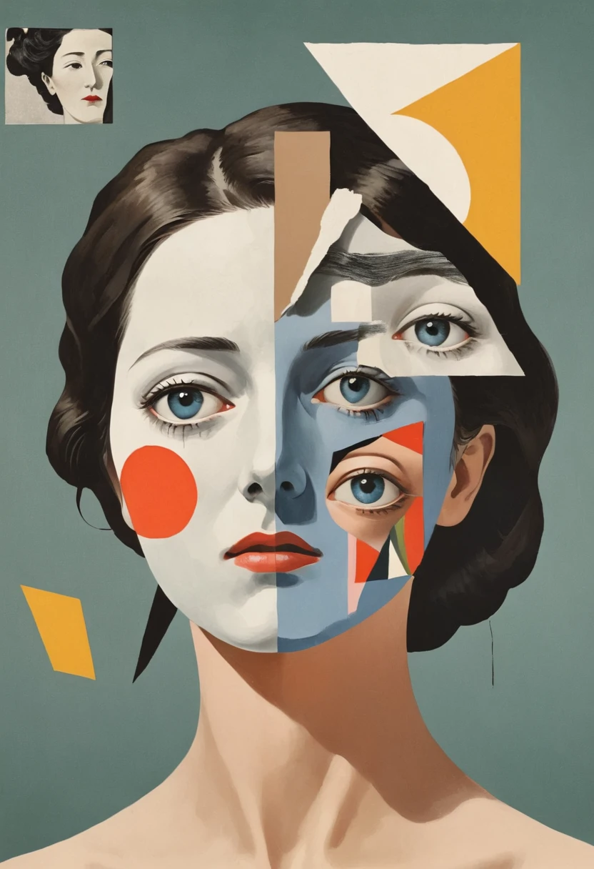 René Magritte,有一张女人脸的Collage画,There are many different things on the face,Geometric Dislocation,Collage,Artistic sense,Painting,paint,Simple,