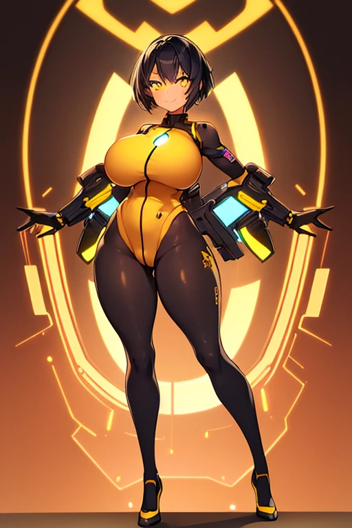 1girl, tan, tan skin, yellow eyes, black hair, very short hair, large breasts, hourglass figure, smile, bodysuit, black bodysuit, neon, neon trim, machinery, tech, science-fiction, futuristic, standing, full body, ((full body)), pantyhose, high heels