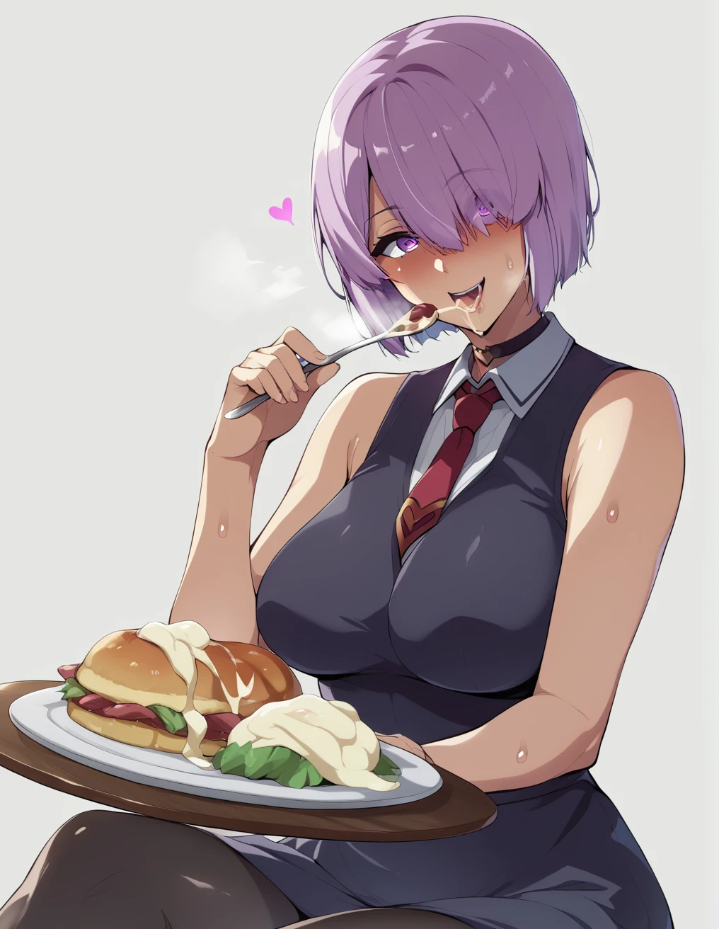 smile、Ultra-detailed illustrations、Ultra-precise expression、masterpiece、Highest quality、ultra High resolution、High resolution、Hiromitsu Takeda Style、White background、Simple Background、Mash Kyrielight、light purple hair,short hair,hair over one eyes、Black sleeveless dress, White collar、Red tie、Black Pantyhose、Purple eyes、smile、Open your mouth、Choker of Hearts、White Breath、Sweat、Glowing Skin、shiny skin、Side angle、Hold a plate、、semen、Semen、eat、Put a spoon in your mouth、