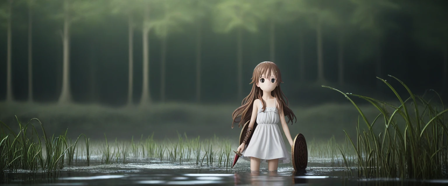 score_9, score_8_wonderful, score_7_wonderful, score_6_wonderful, sauce_anime, 部分的にIn the water, 
One Girl, Long Hair, Brown Hair, Wet Hair,
White Dress, Swamp,
Dark Background, Blurred Edges,8--old、enturer、Flat Chest、Pitch-dark underground labyrinth、No light、skirt、Equipped with a dagger and a shield、水面よりwonderfulの顔、In the water, In the water写真、浮力でskirt捲れる