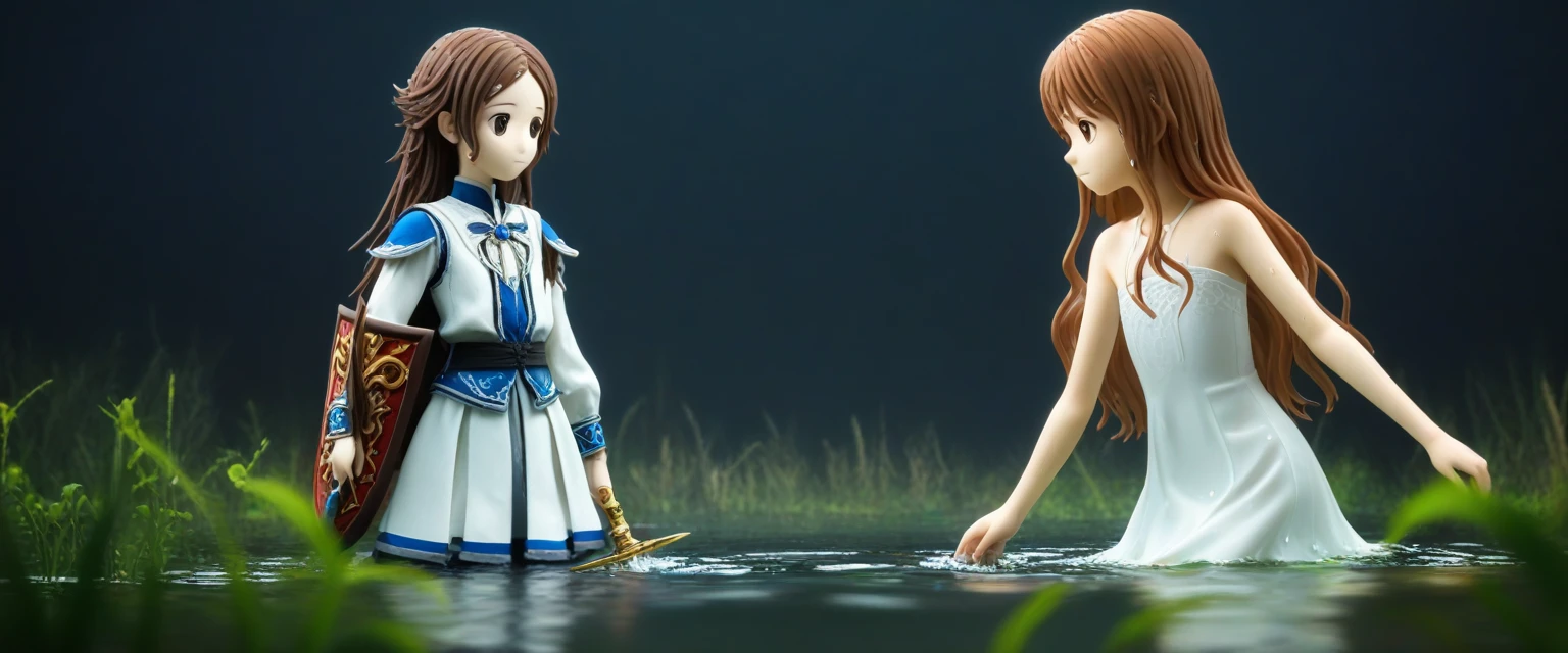 score_9, score_8_wonderful, score_7_wonderful, score_6_wonderful, sauce_anime, 部分的にIn the water, 
One Girl, Long Hair, Brown Hair, Wet Hair,
White Dress, Swamp,
Dark Background, Blurred Edges,8-year-old、Adventurer、Flat Chest、Pitch-dark underground labyrinth、No light、skirt、Equipped with a dagger and a shield、水面よりwonderfulの顔、In the water, In the water写真、浮力でskirt捲れる