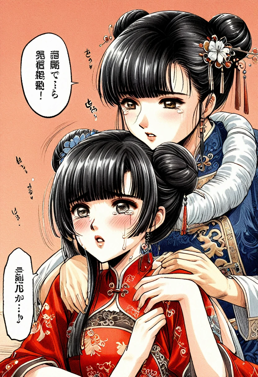 Period drama manga style　A -yeld su beautiful Chinese girl with black hair in a bun cut(1 person)　She is wearing a royal long-sleeved Chinese dress　She is hugged by the perverted old emperor and forced to deep kiss him, causing him to cry.　She exposes her nipples and gets fucked by The Body Builder