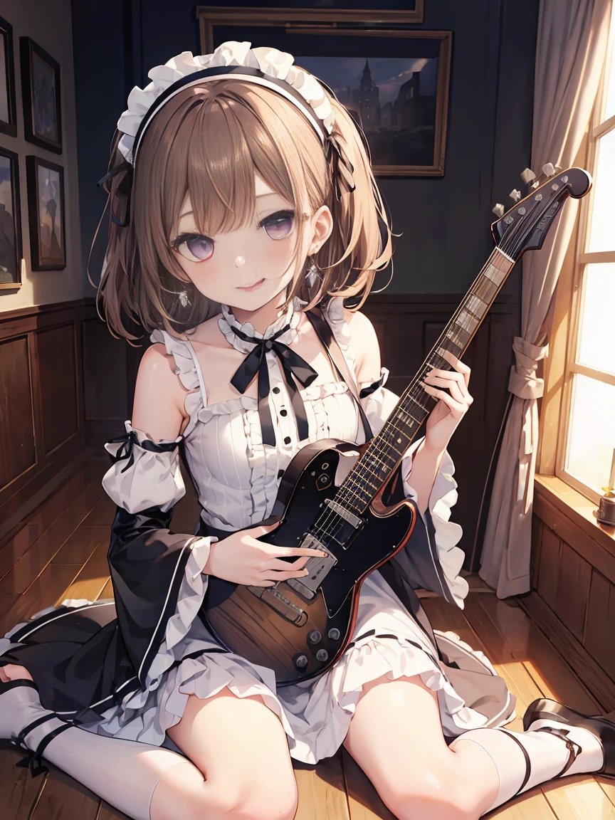 cartoon girl sitting on floor with guitar playing music with guitar string, 1girl, solo, tongue out, tongue, striped, instrument, purple eyes, jewelry, earrings, sitting, frills, dress, vertical stripes, screen, bow, guitar, ribbon, holding, bangs, looking at viewer, brown hair, lolita hairband, detached sleeves, electric guitar, indoors, frilled dress, cable, black ribbon, neck ribbon, akanbe, stage lights