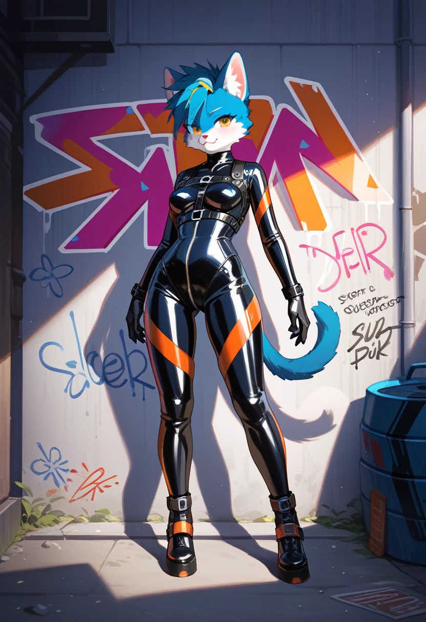 animation, Highest quality, Highest quality, High quality illustrations, masterpiece, Ultra-high resolution, Detailed Background, Alley, night, Graffiti art on the wall, Absurd, Perfect Anatomy, performance, Good lighting, Shadows in the movies(kemono, Furry PersonifiCation), Cat, Blueskin, Rubber suit, latex, neon, neonライト, neonカラー, Bodysuits, Cyber Suit, Mech Suit, cyber punk, Harness