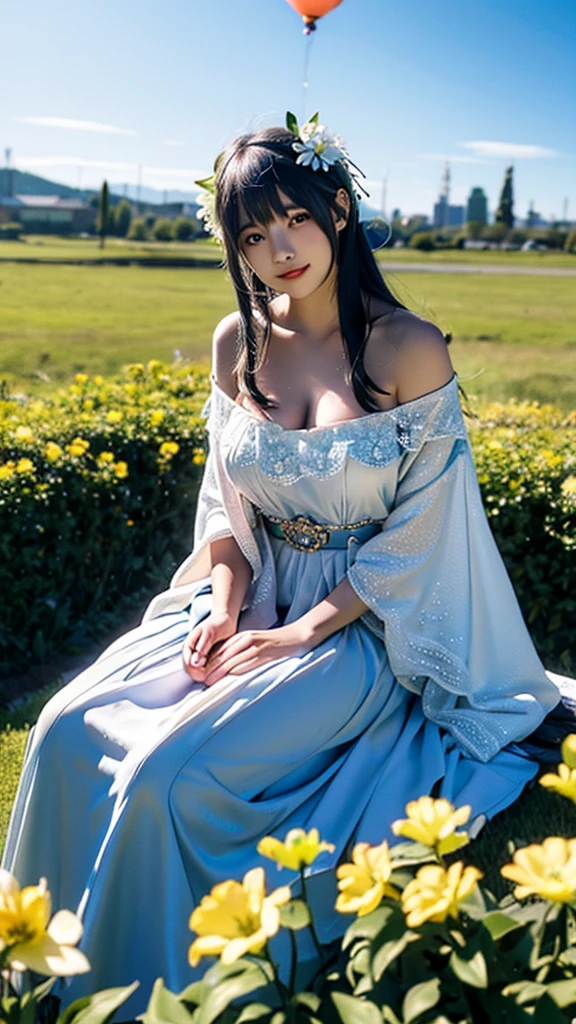 best quality,masterpiece,Ultra-high resolution,(photoactual:1.4),,Sky full of platycodon flowers(background),20 years old ,Balloon Flower Fairy(Japanese Girls),Dark blue shawl long hair,cute eyes,Sexy body,Big breasts,Wearing a platycodon flower strapless skirt,Sitting among the lisianthus flowers,The mouth smiles,Thinking with lisianthus flowers in hand,