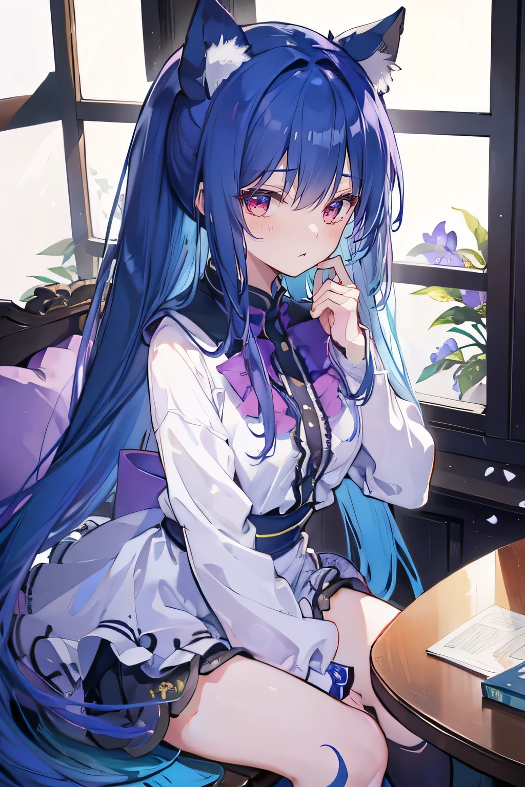 (best quality:1.3)、(masterpiece:1.3)、(illustration:1.3)、(Super detailed:1.3)、(imide lenses:0.9)、1girl、Medium breasts、Purple Eyes、((dark blue hair) )、hair accessories、young、Clothing - Gladiolus、long hair、dark blue hair、indoor、black shorts、high socks、low ponytail、Expressionless、Upper Body、close up、coat、skirt(masterpiece:1.2),Super detailed,lifelike,Expressive eyes,fair skin,perfect face shape,1 girl,
Japanese comics,Gorgeous blue hair,flowing blue hair,flowing clothes,Cat ears,Petals fall,beautiful lola,Baby Angel,
Shaking head with one hand,Cross your legs,Gentle and peaceful background,The pavilion is cool and comfortable,smile, wearing hoodie, In front of the window,snowing