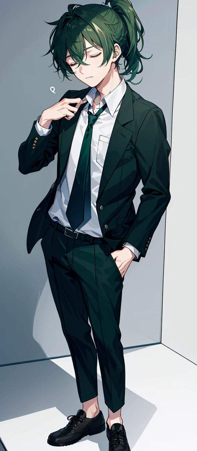1 boy, 27 years old, full body, hair between eyes, dark green hair, low short ponytail, collared shirt, slacks, jacket, closed eyes,