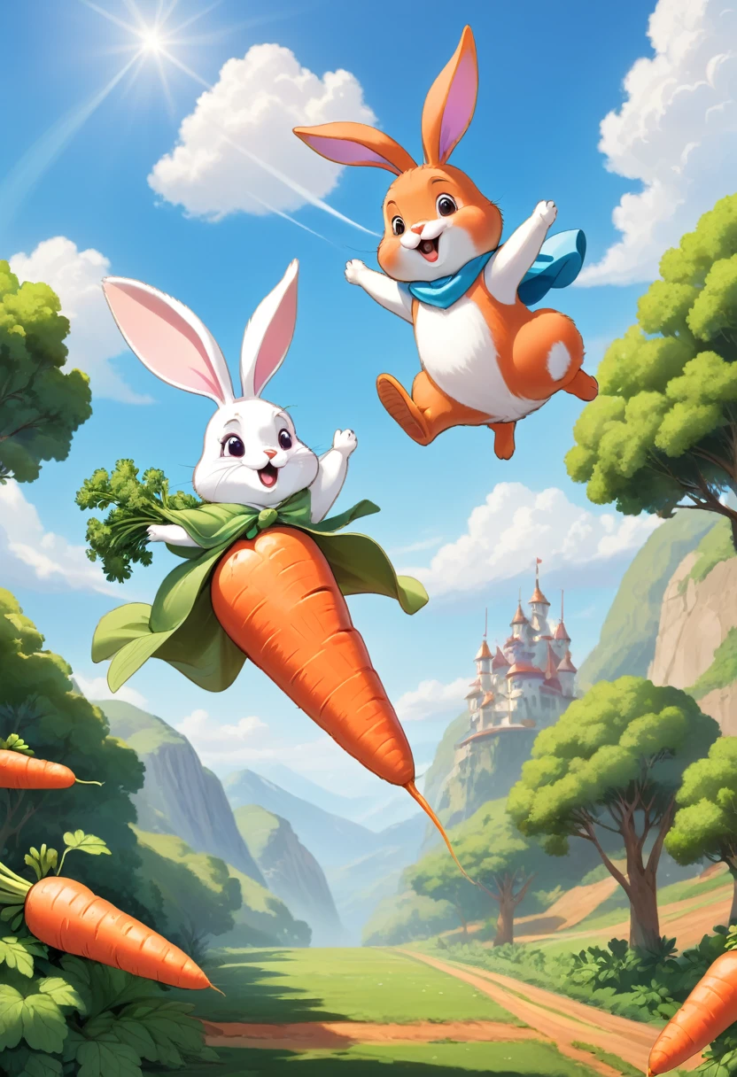 carrot and rabbit flying in the air