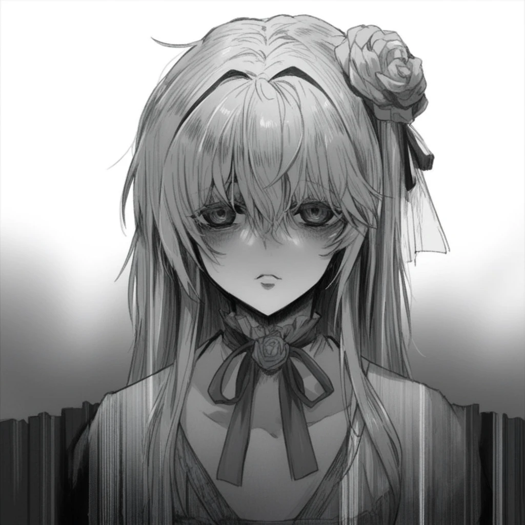 anime girl with long hair and a bow tie in front of a fence, gothic maiden anime girl, black and white manga style, gapmoe yandere grimdark, portrait gapmoe yandere grimdark, anime shading), detailed portrait of anime girl, (anime girl), gapmoe yandere, beautiful anime portrait, guweiz, anime shading, yandere intricate,singeki_no_kyojin_s4_style,