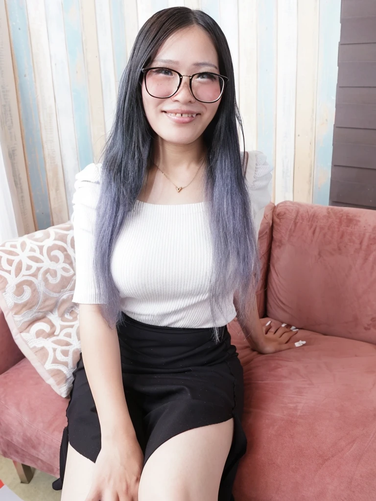 there is a woman sitting on a couch with a pink couch, with glasses, taken with canon 8 0 d, wavy long black hair and glasses, with long hair, with glasses on, asian girl with long hair, wearing thin large round glasses, sie boob, wearing black frame glasses, taken with canon eos 5 d mark iv, with square glasses