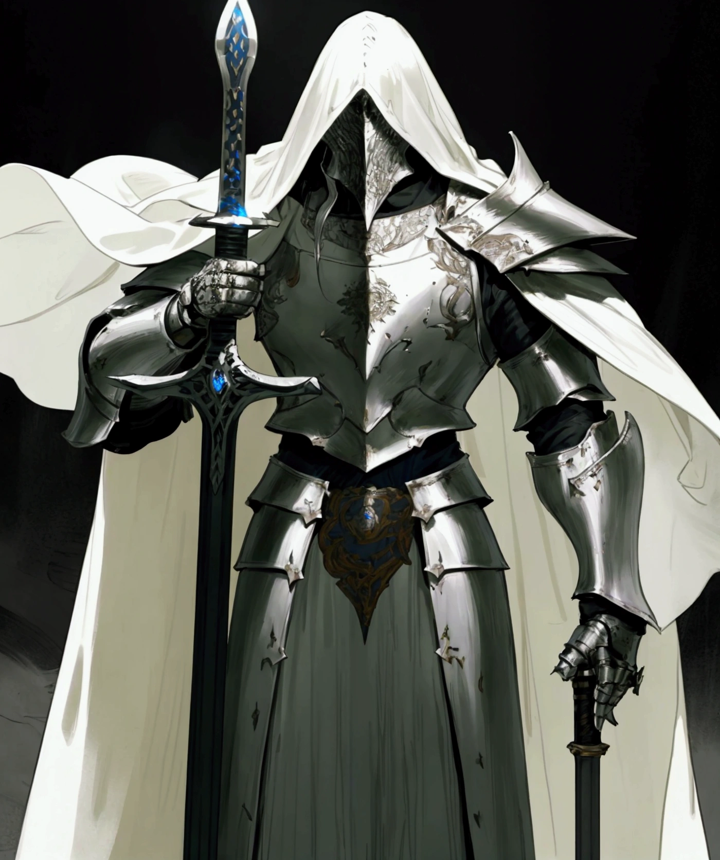 elden ring, dark souls, concept art sheet, items, weapons: A lean male knight with white armor that bears a circular silver emblem on the chestplate who wears a white cape and wields a thin grey greatsword.