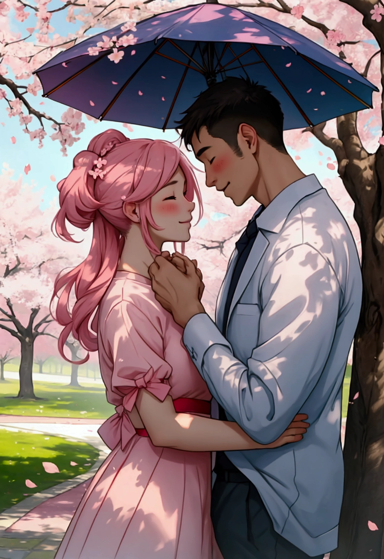 A couple embracing under a blooming cherry blossom tree in a park, surrounded by a shower of pink petals.