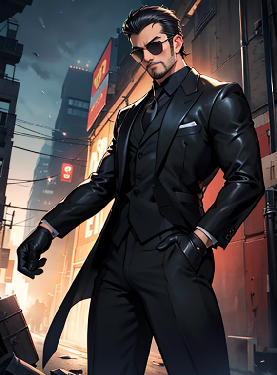 40 years old,One Man,Black Suit,Abandoned factory at night、mafia、Spread your legs、Stand with your hips slightly lowered、Posture Pose、Black leather gloves,Open your legs more,logic,Gay ,7:3 parting / all back,Stubble,Black sunglasses,Asian Faces,Masculine,The groin area swells、Erotic ,looking at the camera