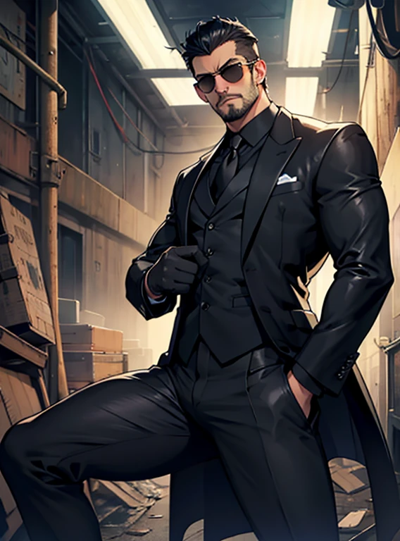 40 years old,One Man,Black Suit,Abandoned factory at night、mafia、Spread your legs、Stand with your hips slightly lowered、Posture Pose、Black leather gloves,Open your legs more,logic,Gay ,7:3 parting / all back,Stubble,Black sunglasses,Asian Faces,Masculine,The groin area swells、?????? ,looking at the camera