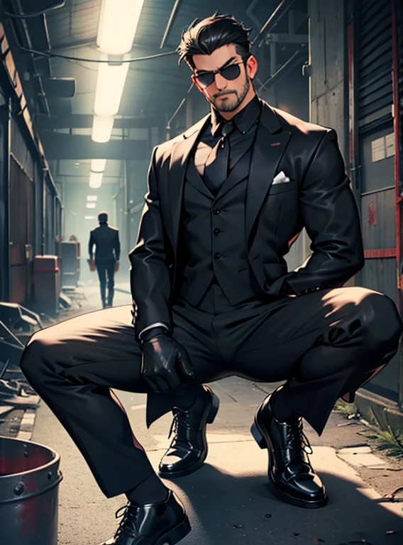 40 years old,One Man,Black Suit,Abandoned factory at night、mafia、Spread your legs、Stand with your hips slightly lowered、Posture Pose、Black leather gloves,Open your legs more,logic,Gay ,7:3 parting / all back,Stubble,Black sunglasses,Asian Faces,Masculine,The  area swells、Erotic ,looking at the camera