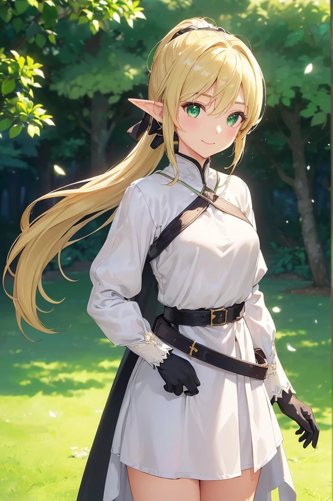 (((masterpiece; best quality: 1.2))), (finely detailed eyes: 1.3), (25 year old elf woman), (solo), (green eyes: 1.4), (body; buxom, fit, femenine: 1.3), (silky blonde hair in low ponytail: 1.3), (beautiful and clear background: 1.2), ((depth of field)), (equipment: adventurer attire + modest + long white tunic-coat + black cape + black long skirt + gloves + belt + pouches: 1.3), (anime illustration: 1.2), (background composition; royal garden: 1.1), (extremely fine and beautiful: 1.1), (shot composition; standing + centered on torso + close-up: 1.5), (expression; calm, smile: 1.2)