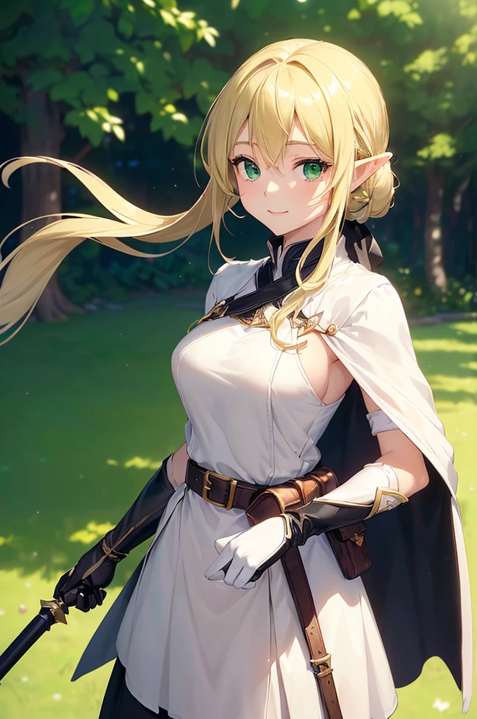 (((masterpiece; best quality: 1.2))), (finely detailed eyes: 1.3), (25 year old elf woman), (solo), (green eyes: 1.4), (body; buxom, fit, femenine: 1.3), (silky blonde hair in low ponytail: 1.3), (beautiful and clear background: 1.2), ((depth of field)), (equipment: adventurer attire + modest + long white tunic-coat + black cape + black long skirt + gloves + belt + pouches: 1.3), (anime illustration: 1.2), (background composition; royal garden: 1.1), (extremely fine and beautiful: 1.1), (shot composition; standing + centered on torso + close-up: 1.5), (expression; calm, smile: 1.2)