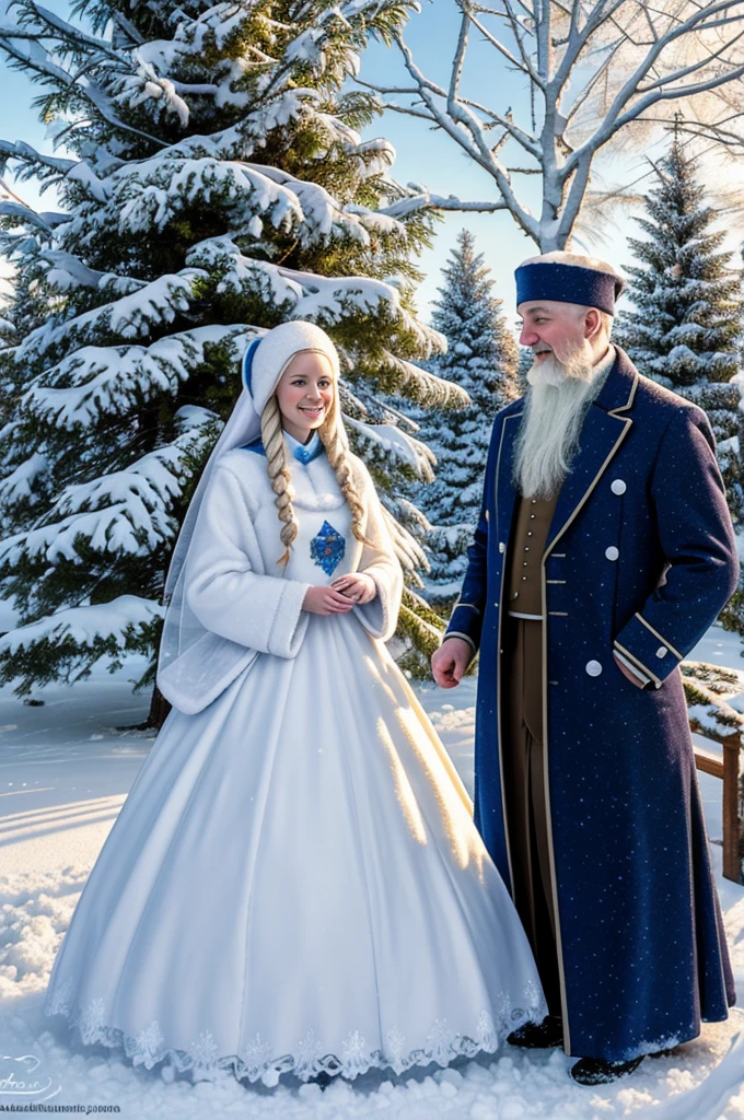 Illustration of Father Frost and Snow Maiden near the New Year tree
