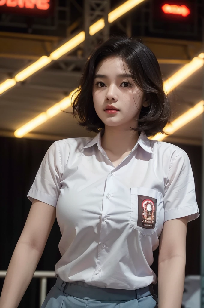 RAW, Best quality, high resolution, masterpiece: 1.3), Beautiful young indonesian girl with short wavy hair, showing one , big, ((sensual fat body)), muscular body, on the stage of a nightspot ((senior high school clothes)), orgasm, highres, 4k, HDR, 1girl, photorealistic, realistic, big breasts, short wavy hair, ((whole body)) turning away facial at viewer, closeup, public clubbing background