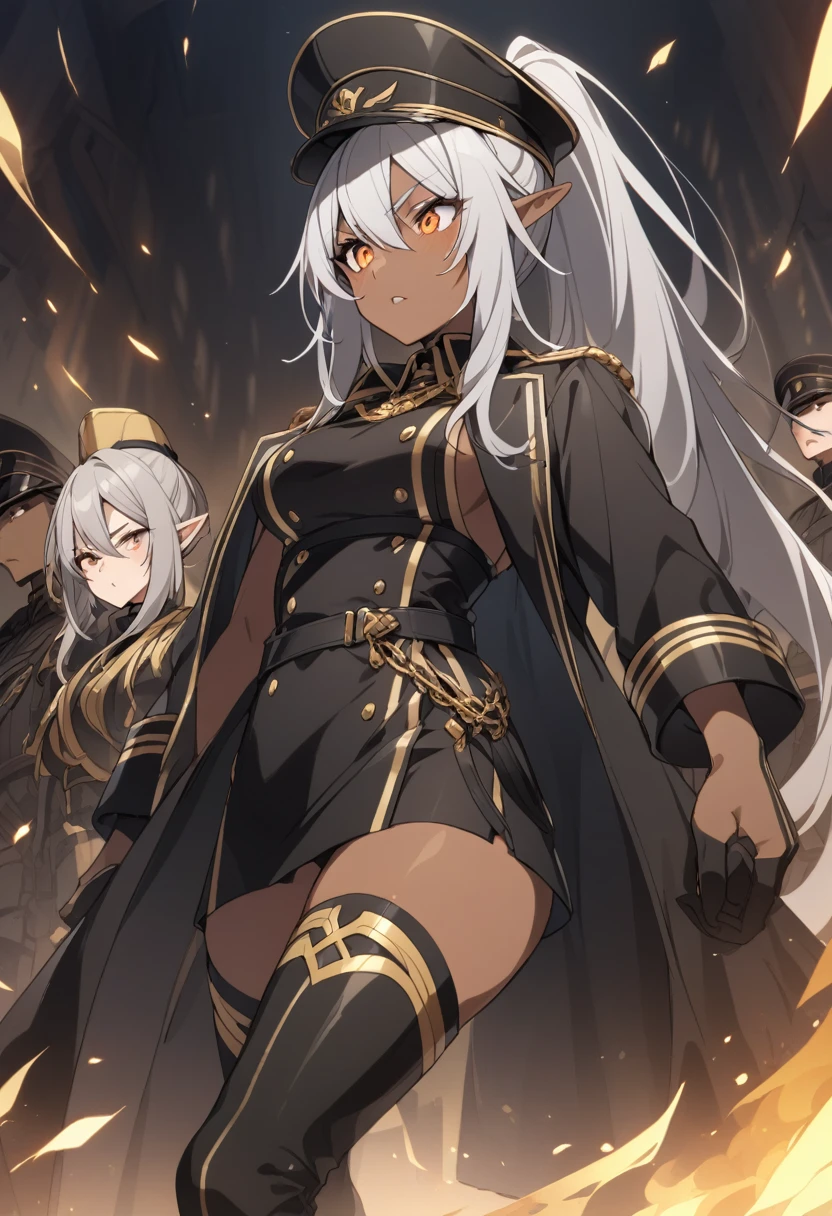 orange eyes,,((brown skin,dark elf,))grey hair,1lady,high ponytail, gold and black coat,jewelry,gold and black uniform,military hat,thigh boots,
